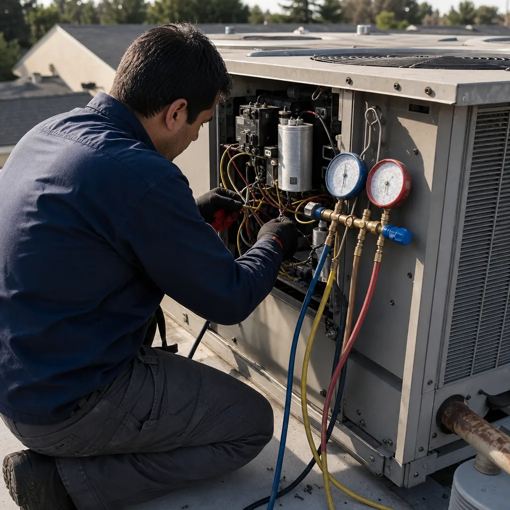 HVAC technician performing professional air conditioning maintenance and diagnostics