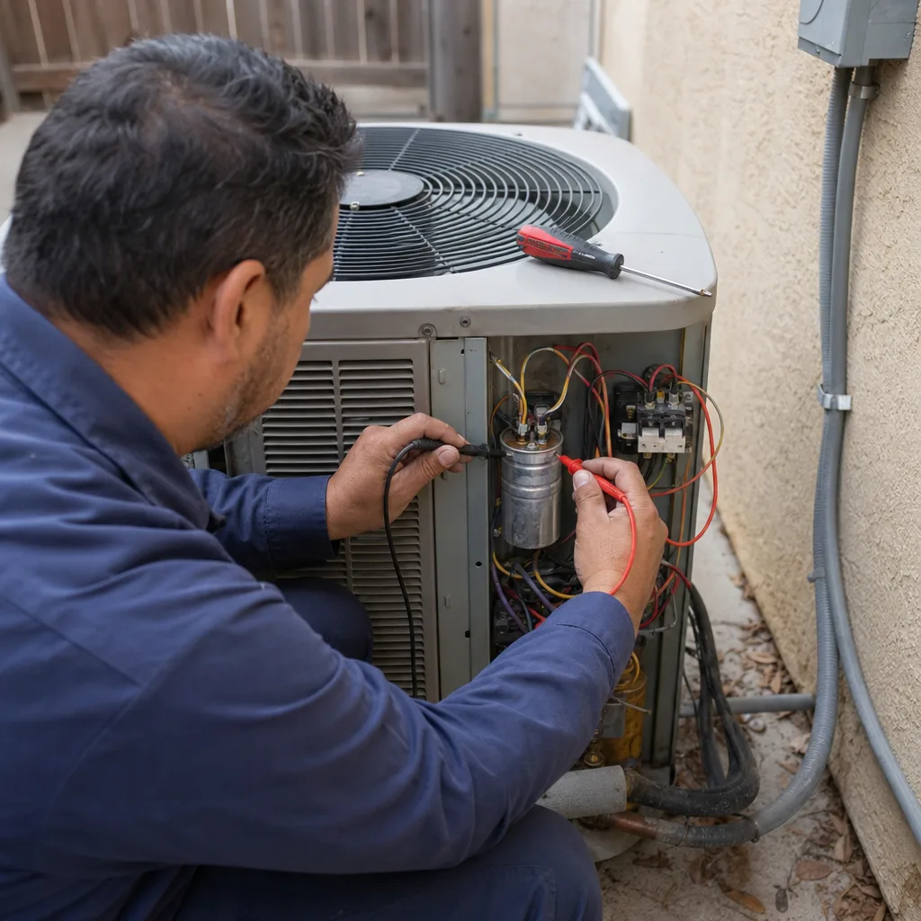 HVAC technician testing an air conditioner capacitor with a multimeter