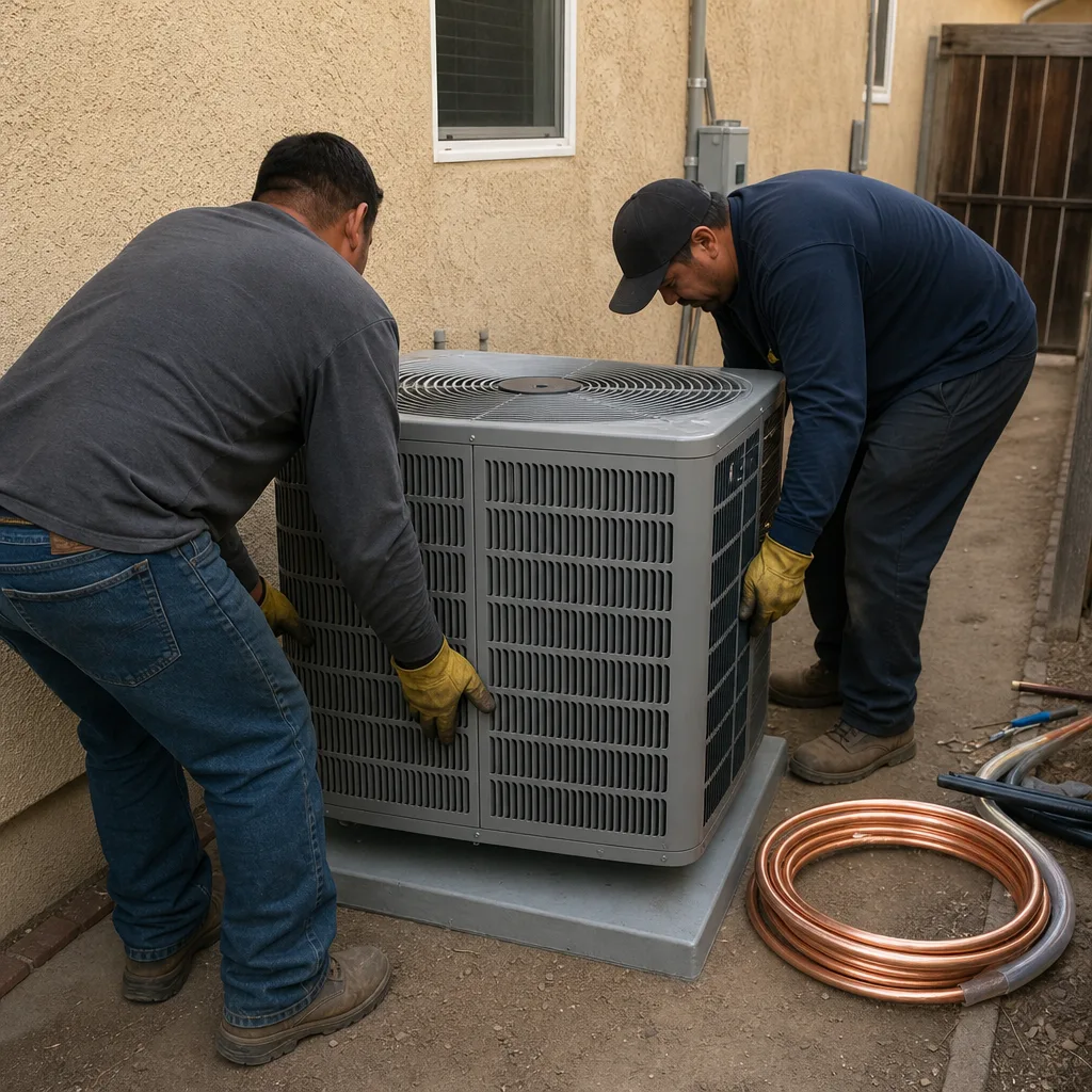 Two HVAC technicians installing an outdoor air conditioning unit.