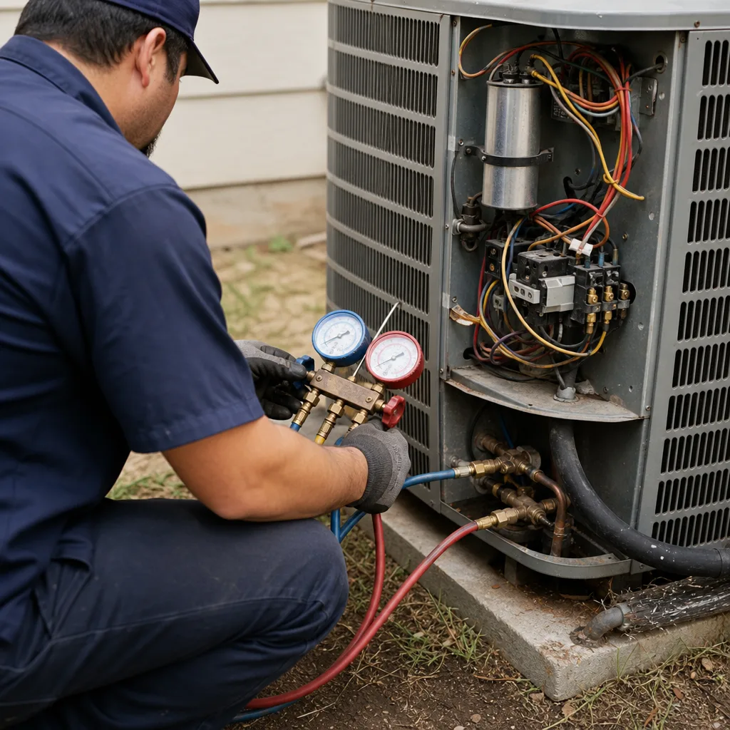 HVAC technician performing professional air conditioning repair and maintenance service