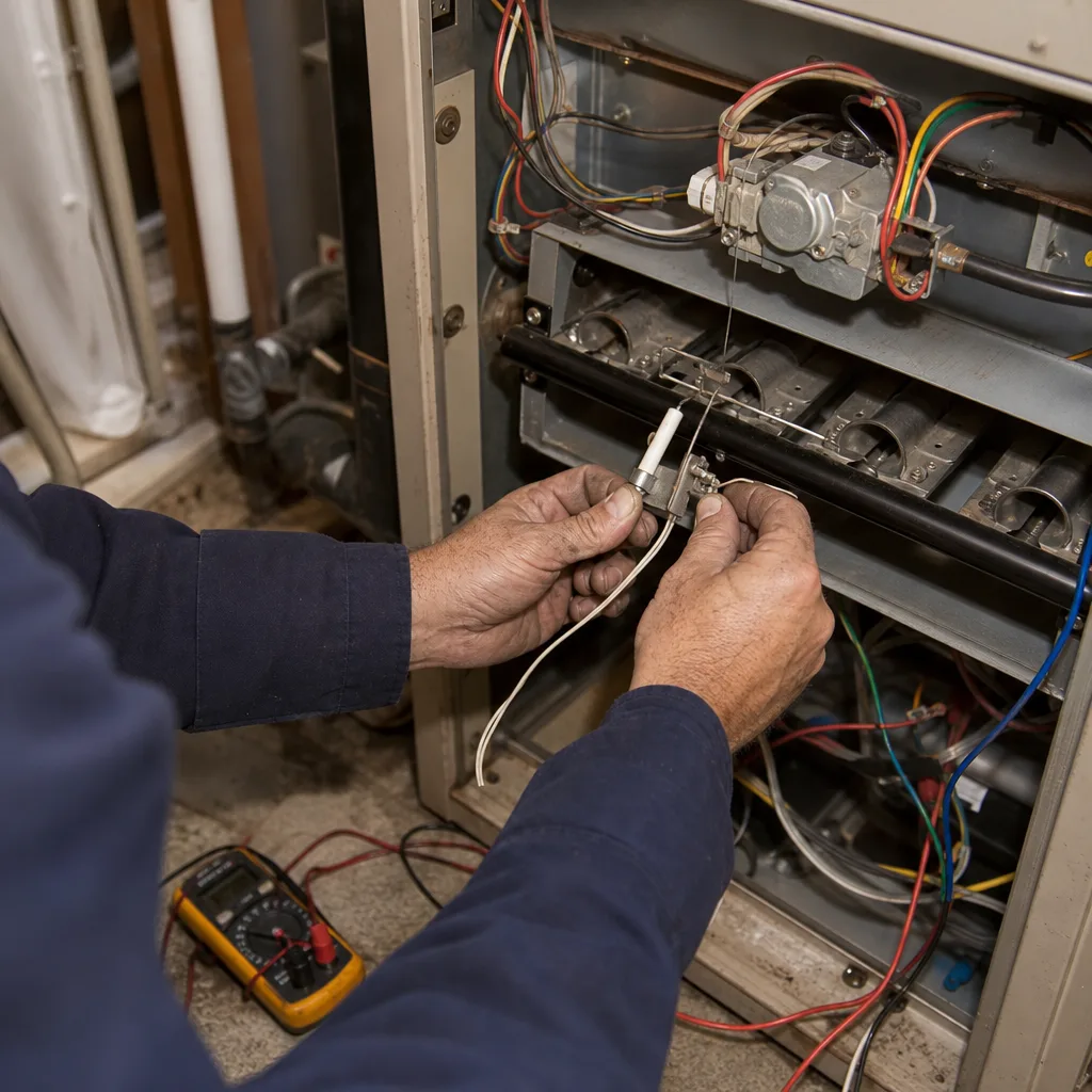 HVAC technician repairing a residential furnace unit