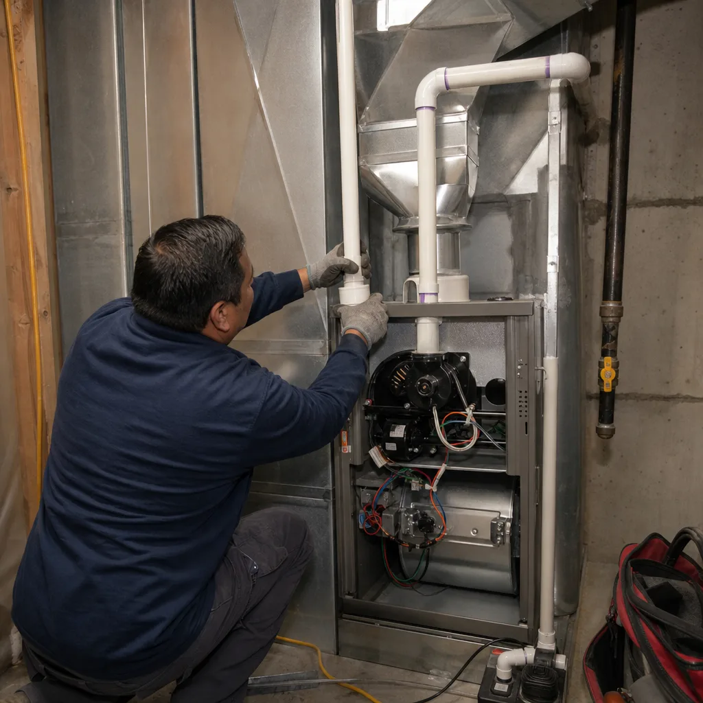 HVAC technician performing professional furnace repair and venting installation